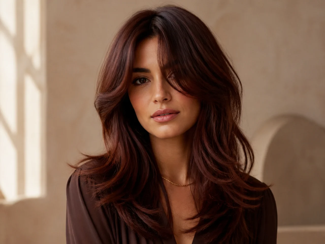 A deep auburn version of the look