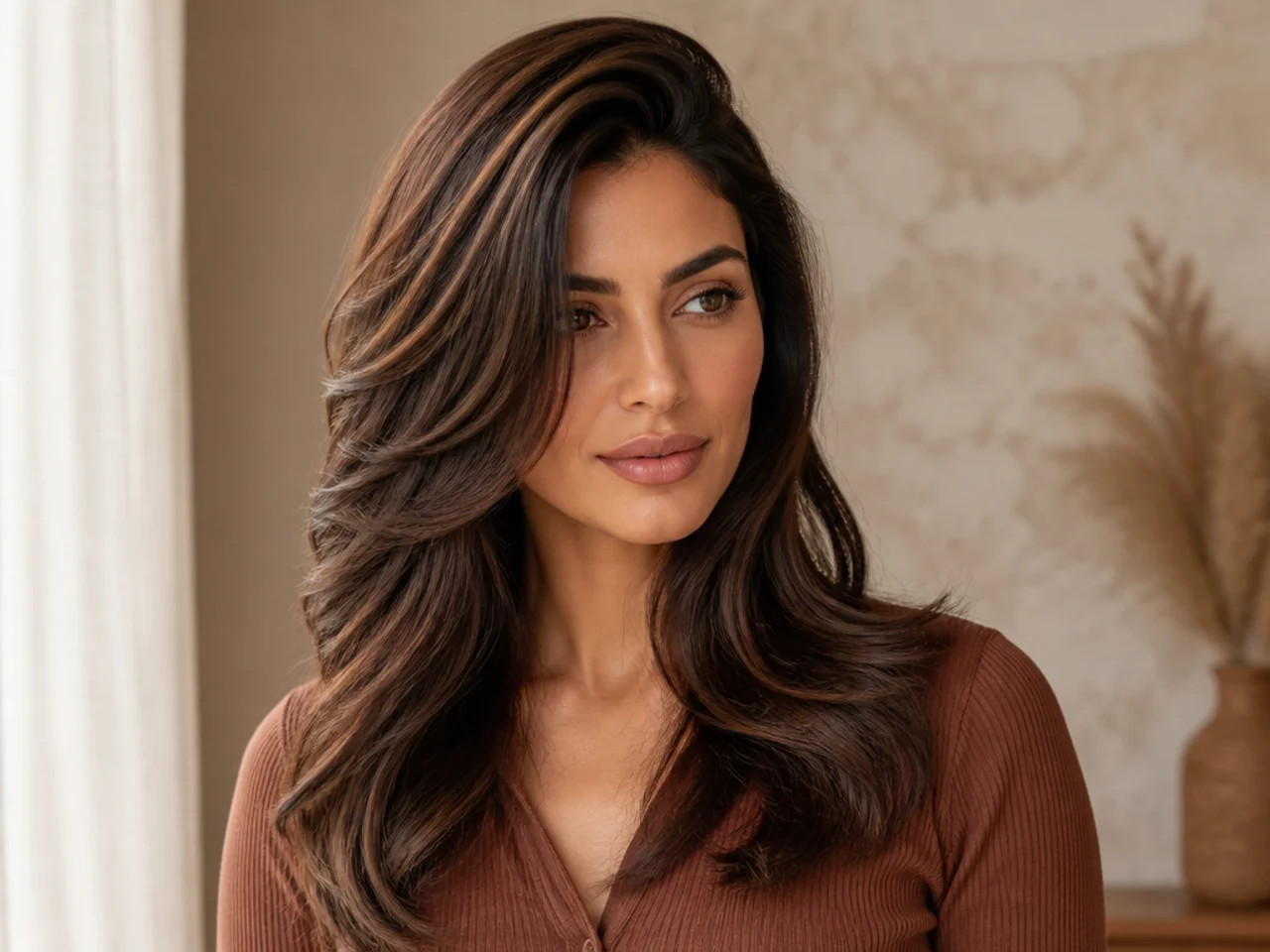 A deep side part with long layers