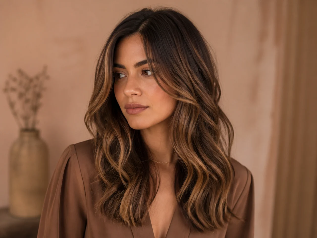 Caramel balayage over a brown base