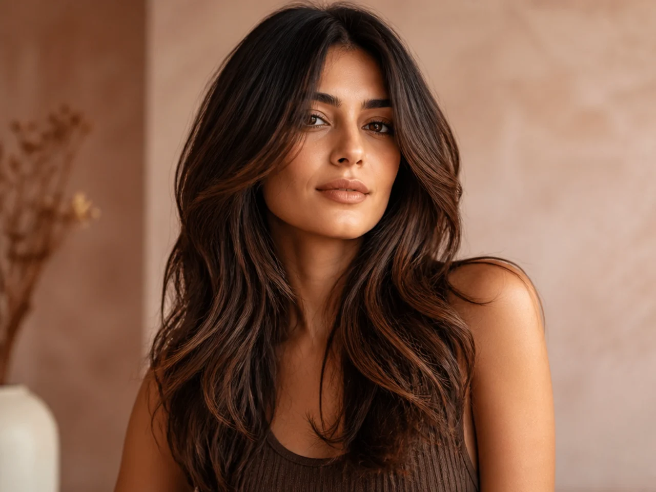 A finished long layered warm brunette look