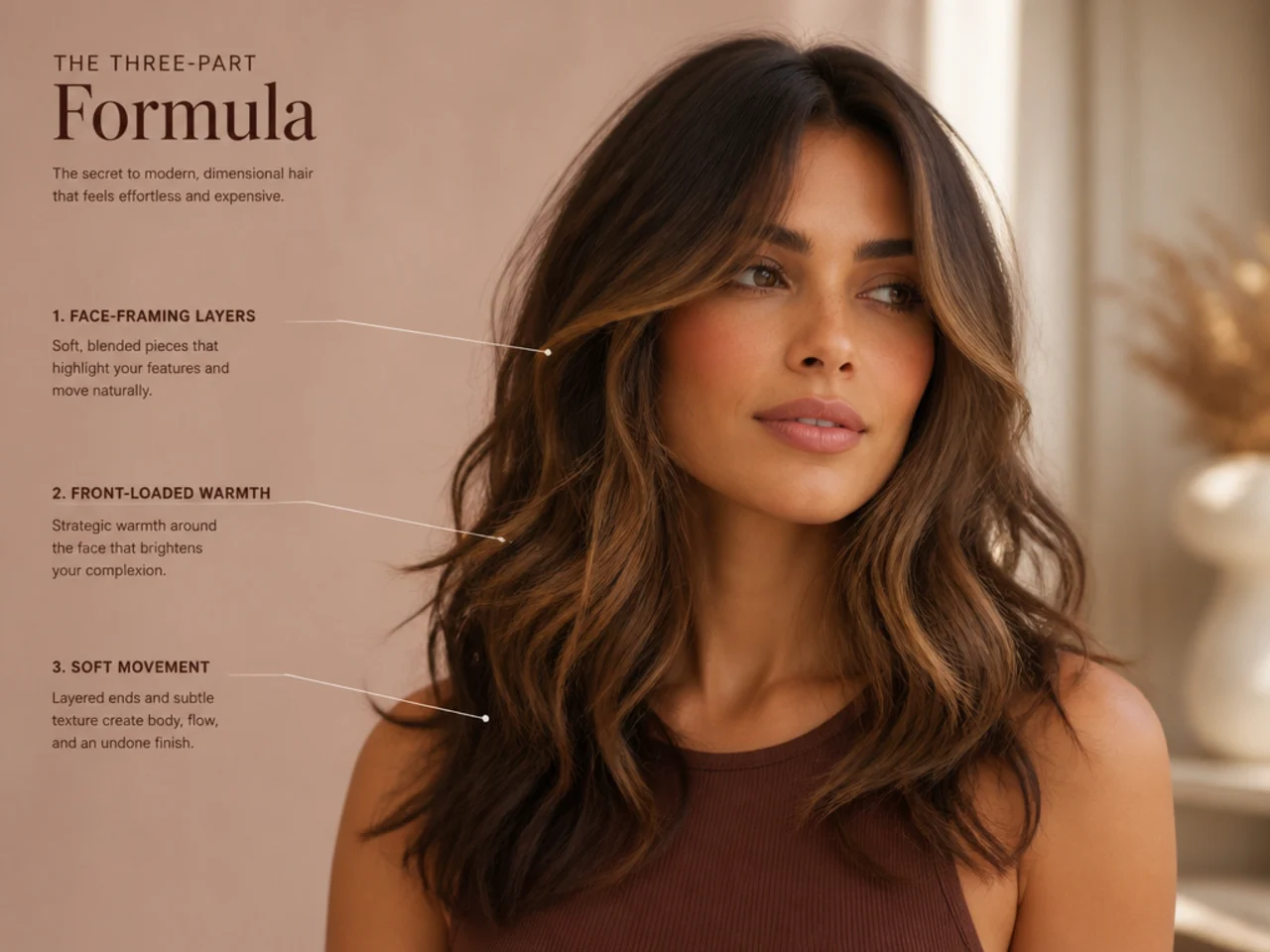 Face-framing layers, front-loaded warmth and soft movement shown together