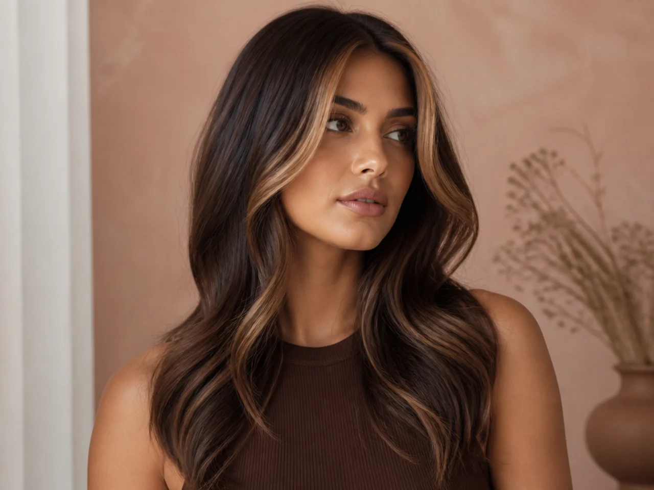 A honey money piece on dark hair