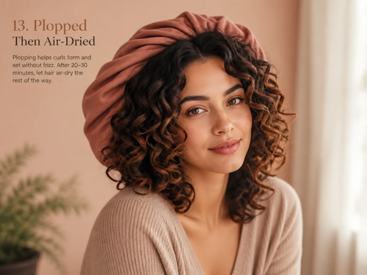 Hair plopped in fabric before air-drying