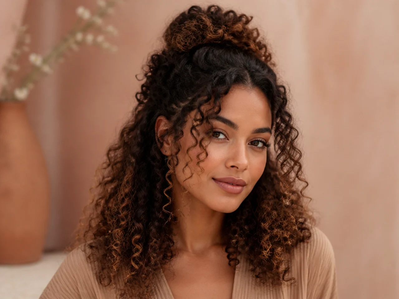 A half-up style on natural texture