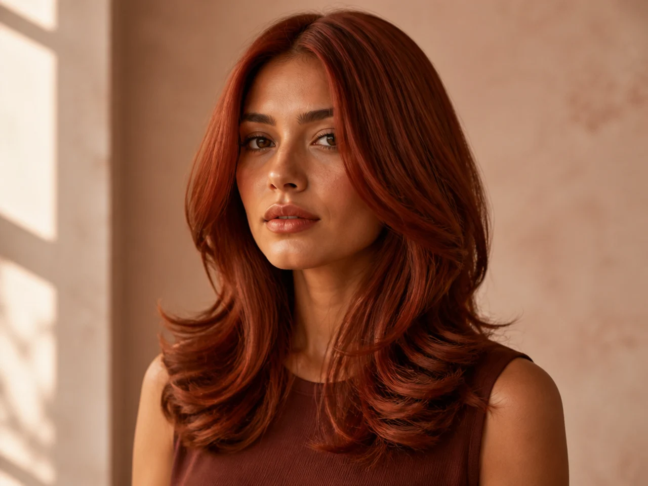 Red hair finished with a gloss
