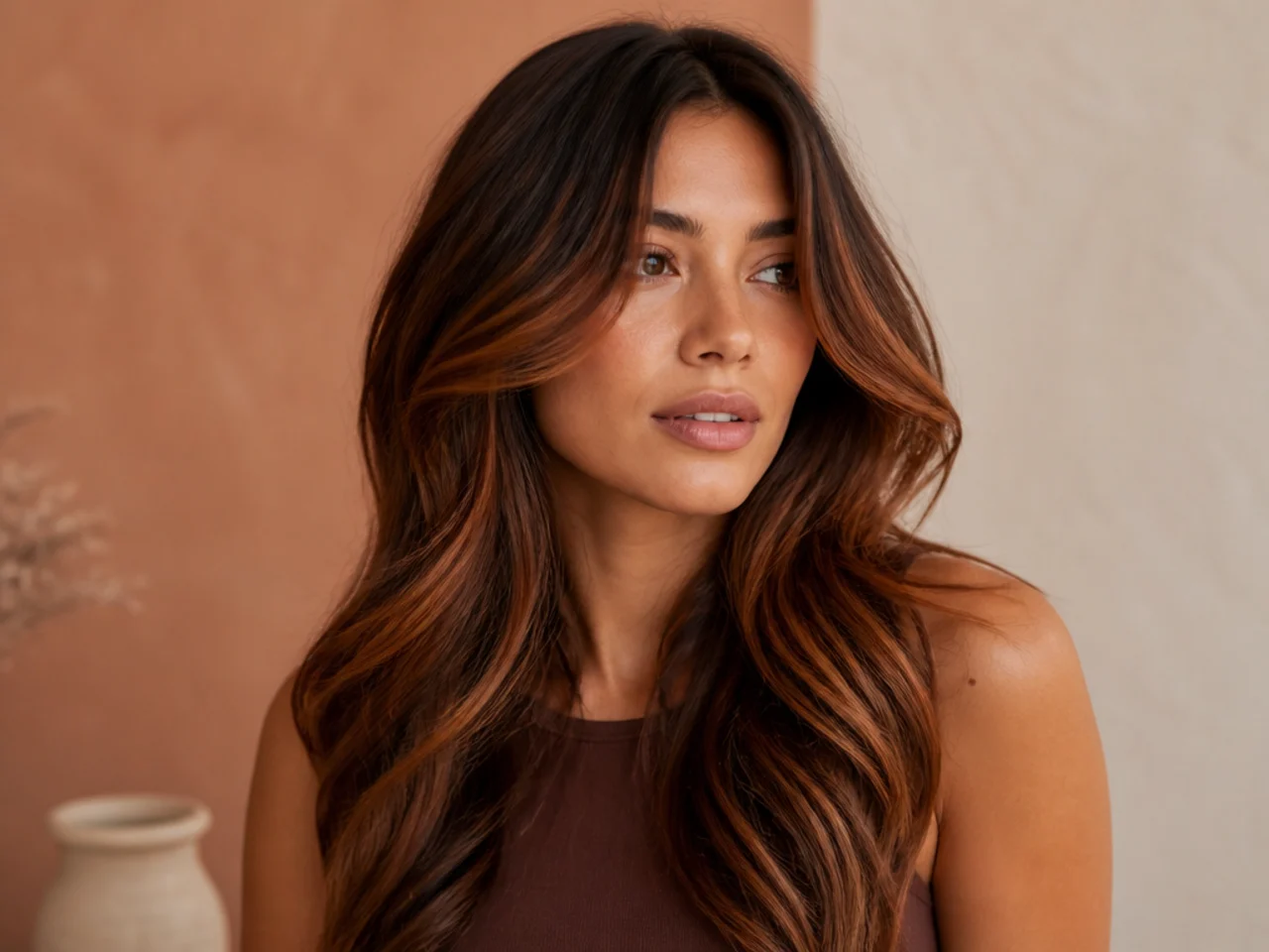 Copper balayage over brown
