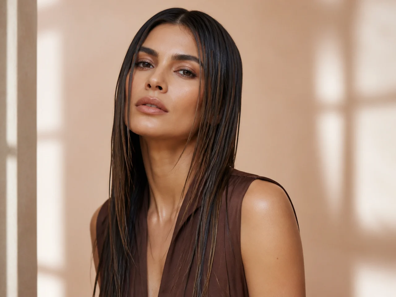 Wet-look straight hair