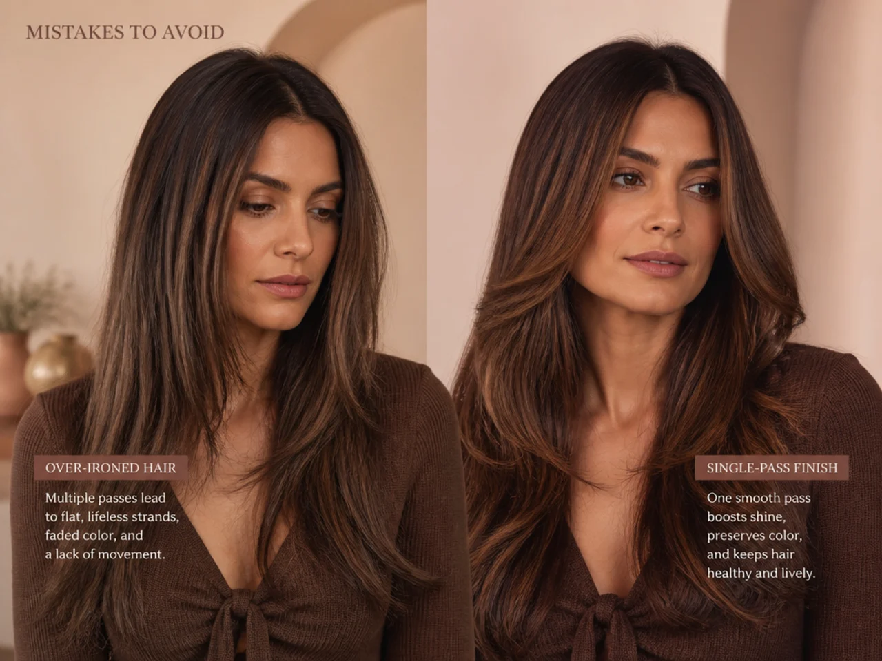 Dull over-ironed hair compared with a glossy single-pass finish
