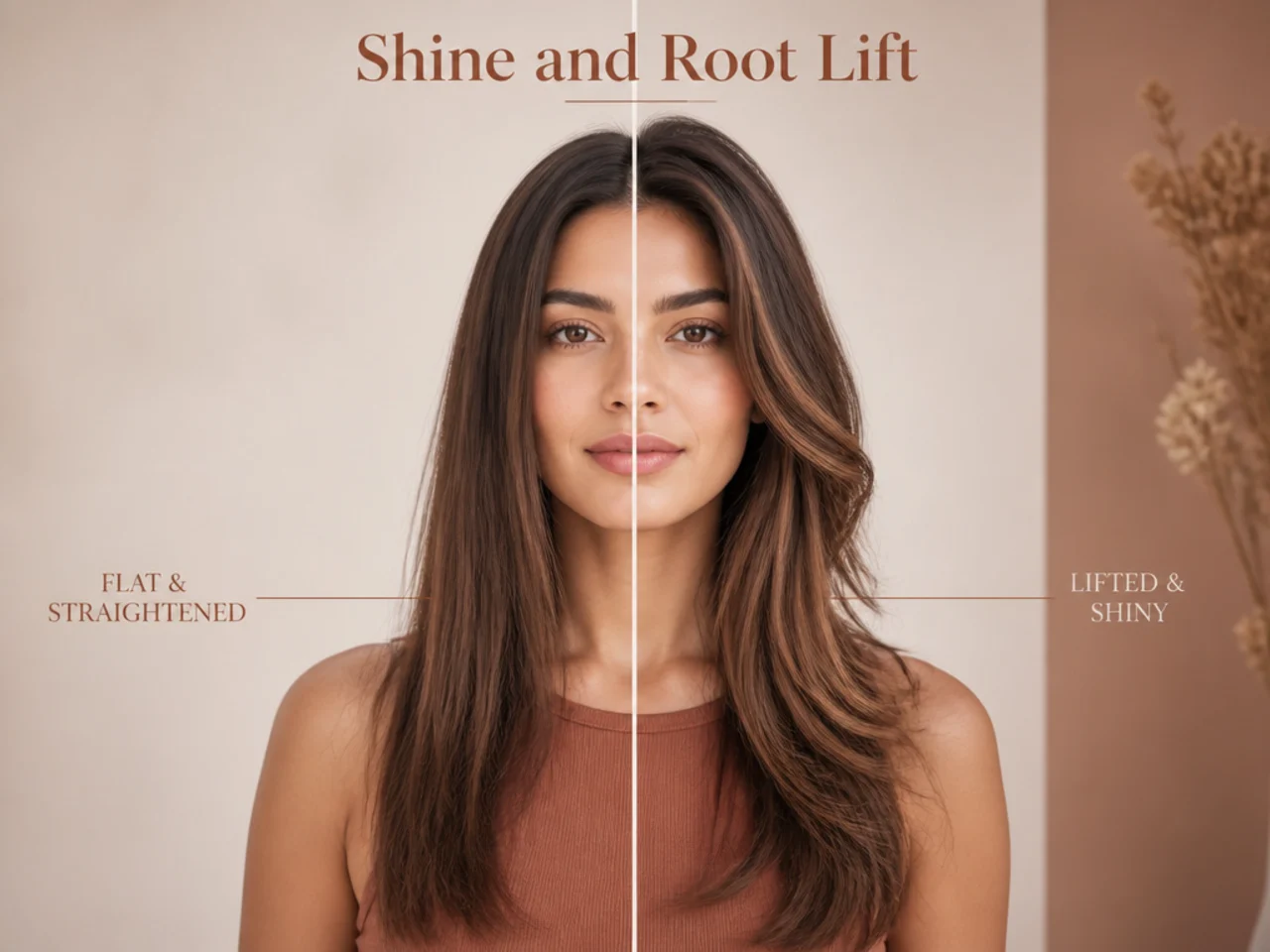 Flat straightened hair beside sleek hair with lift and shine