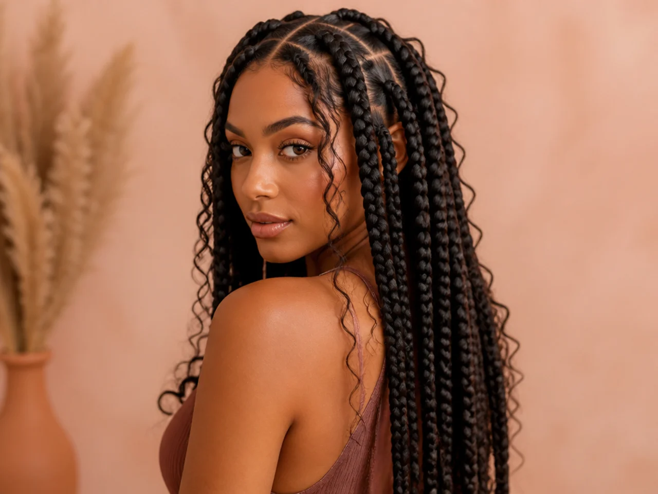 Boho jumbo braids with loose curly pieces