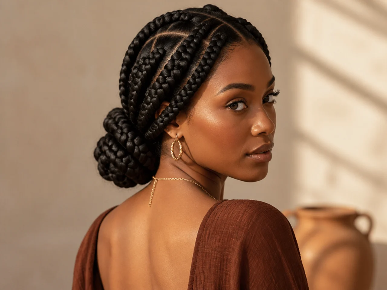 Jumbo braids in a low bun