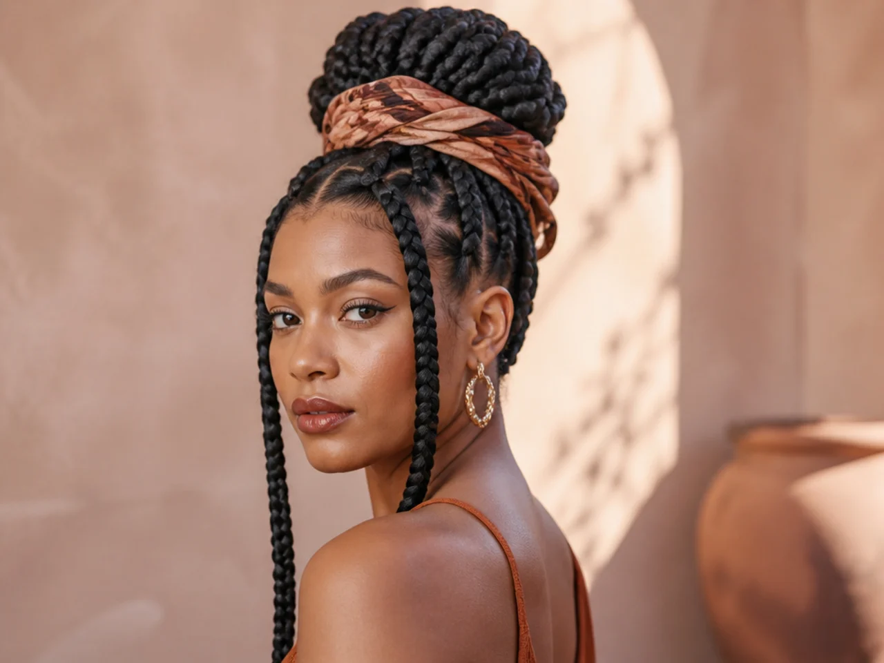 Jumbo braids wrapped with a scarf