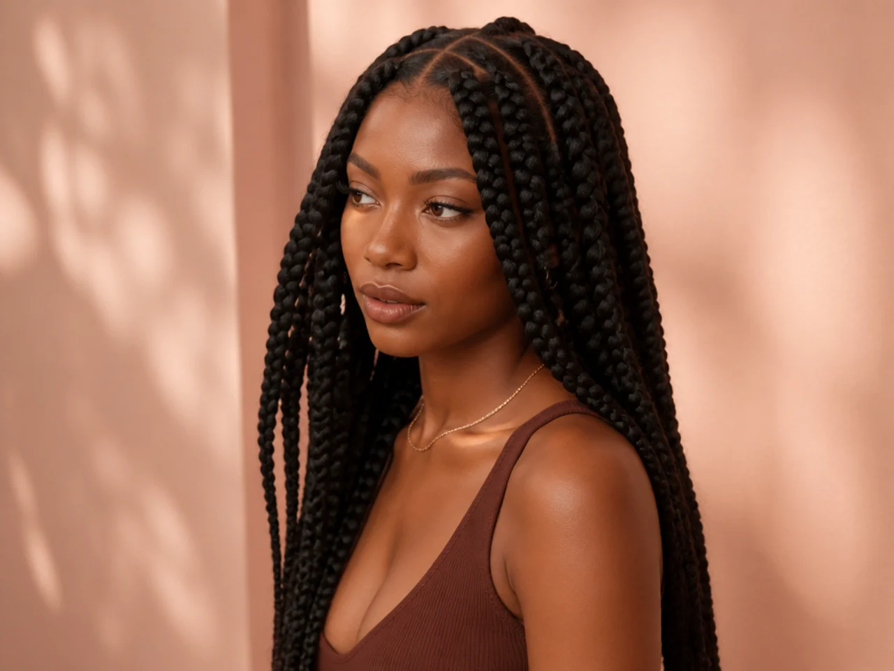 Three-quarter view of finished jumbo knotless braids