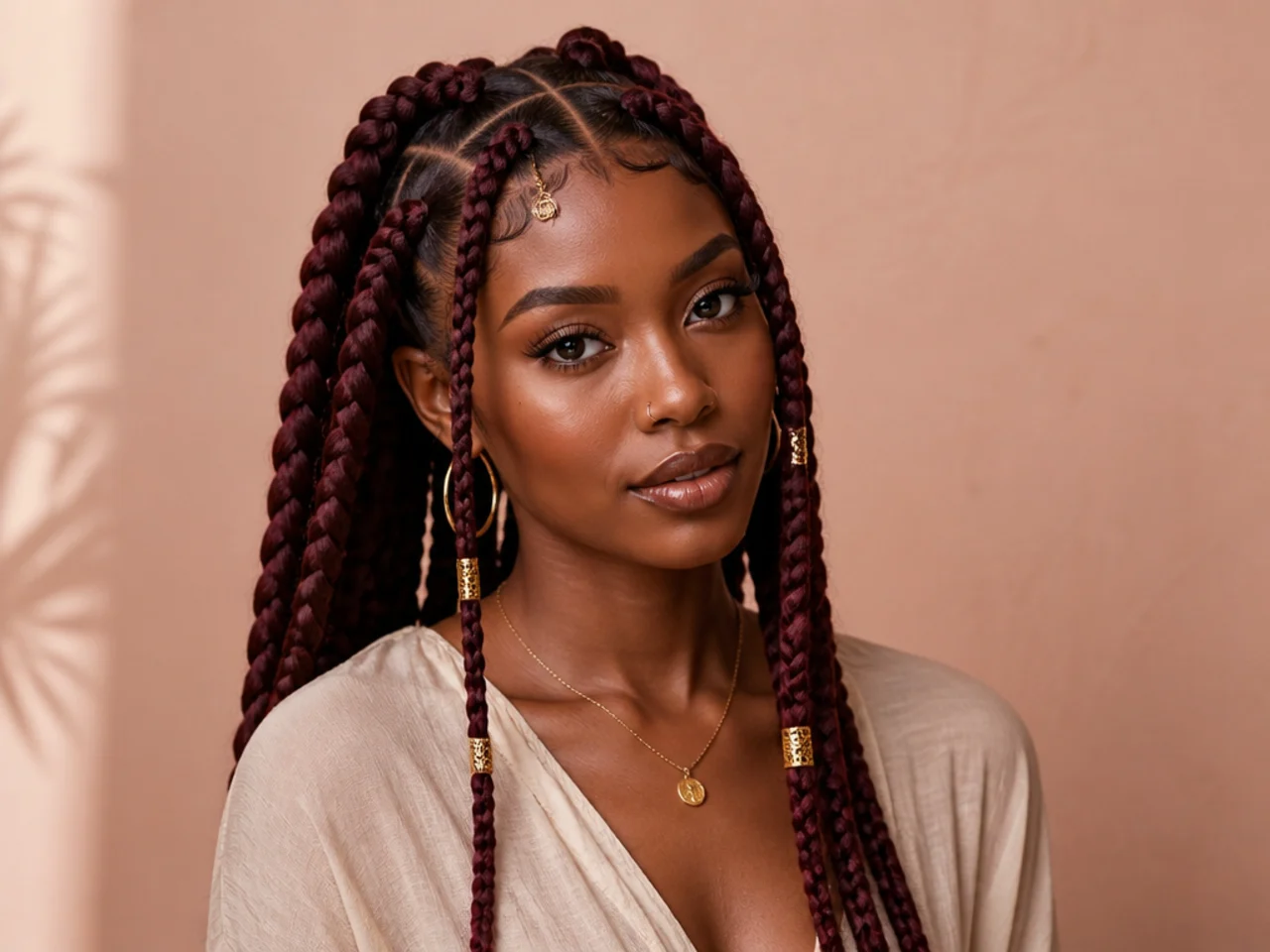Jumbo Fulani braids in a deep burgundy shade with gold cuffs