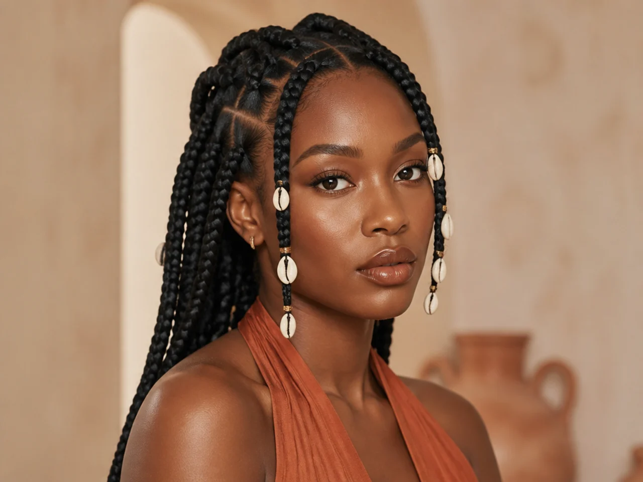 Jumbo Fulani braids with cowrie shells threaded onto the face-framing braids