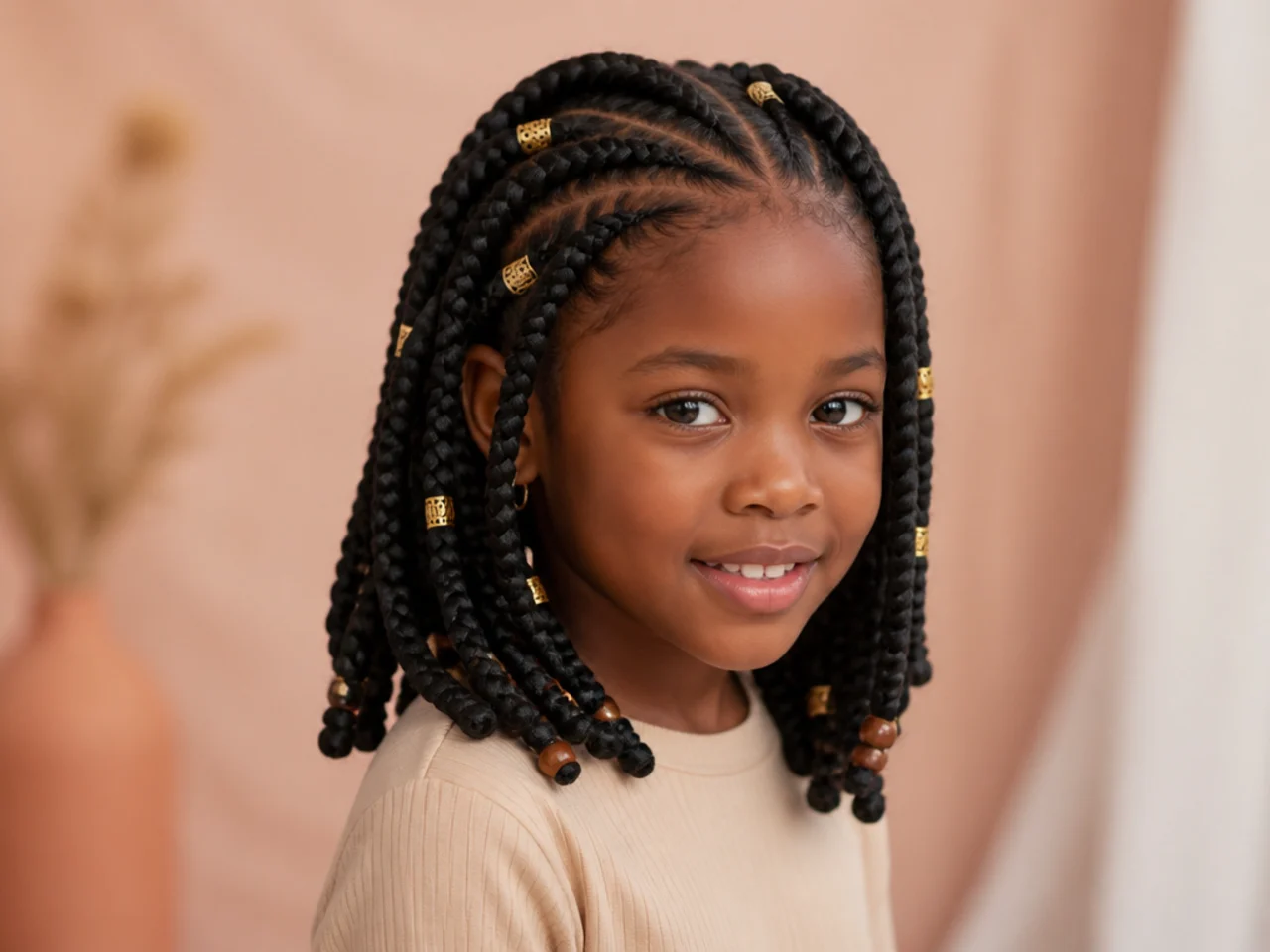 Child wearing shoulder-length jumbo Fulani braids with two simple cornrows