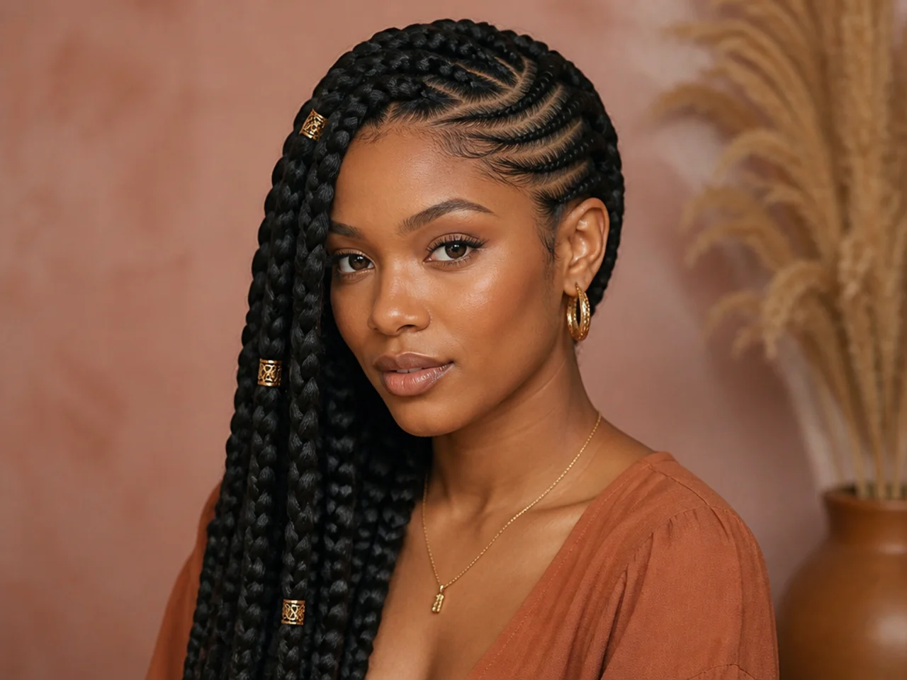 Jumbo Fulani braids with a deep side parting and cornrows angled back