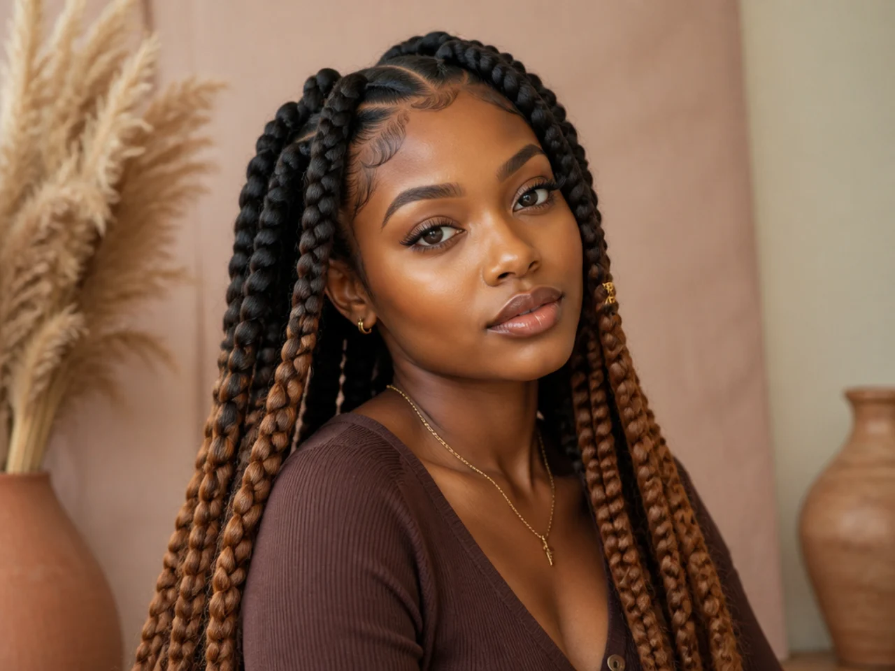 Jumbo Fulani braids with black roots blending into caramel ends
