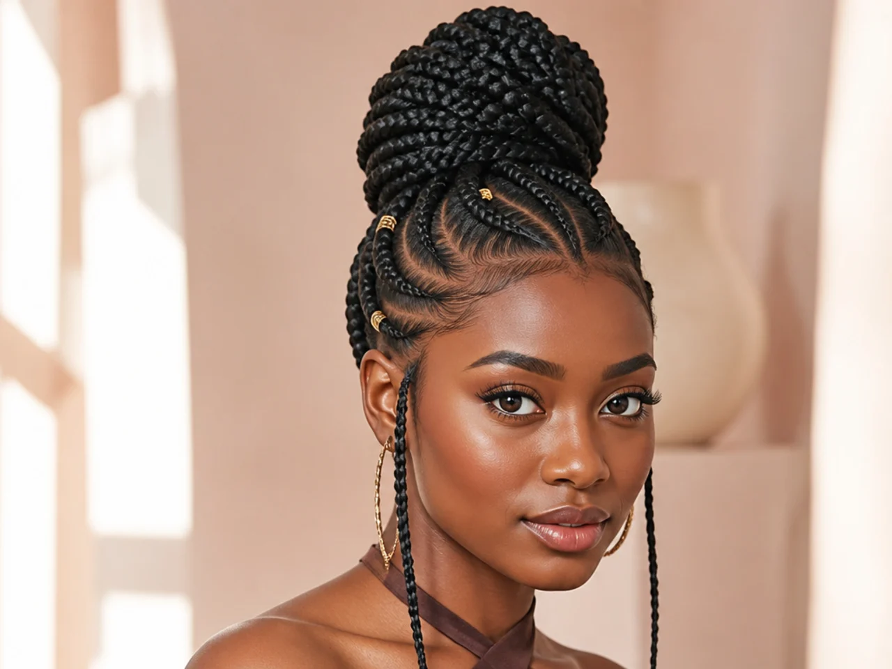 Jumbo Fulani braids gathered into a large high bun with the cornrowed front visible