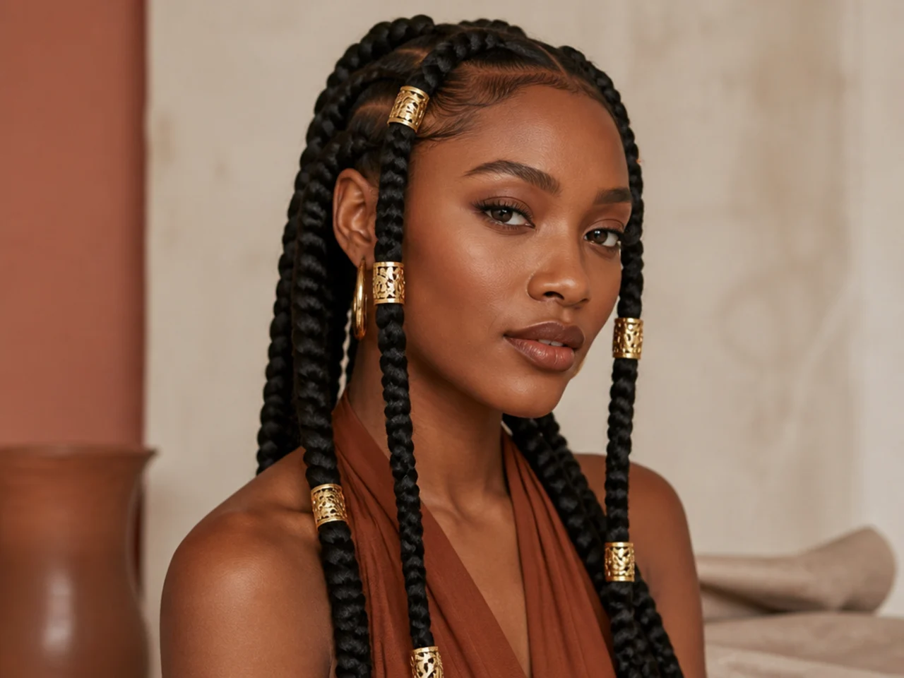 Jumbo Fulani braids with wide gold cuffs sized to fit the thicker braid diameter