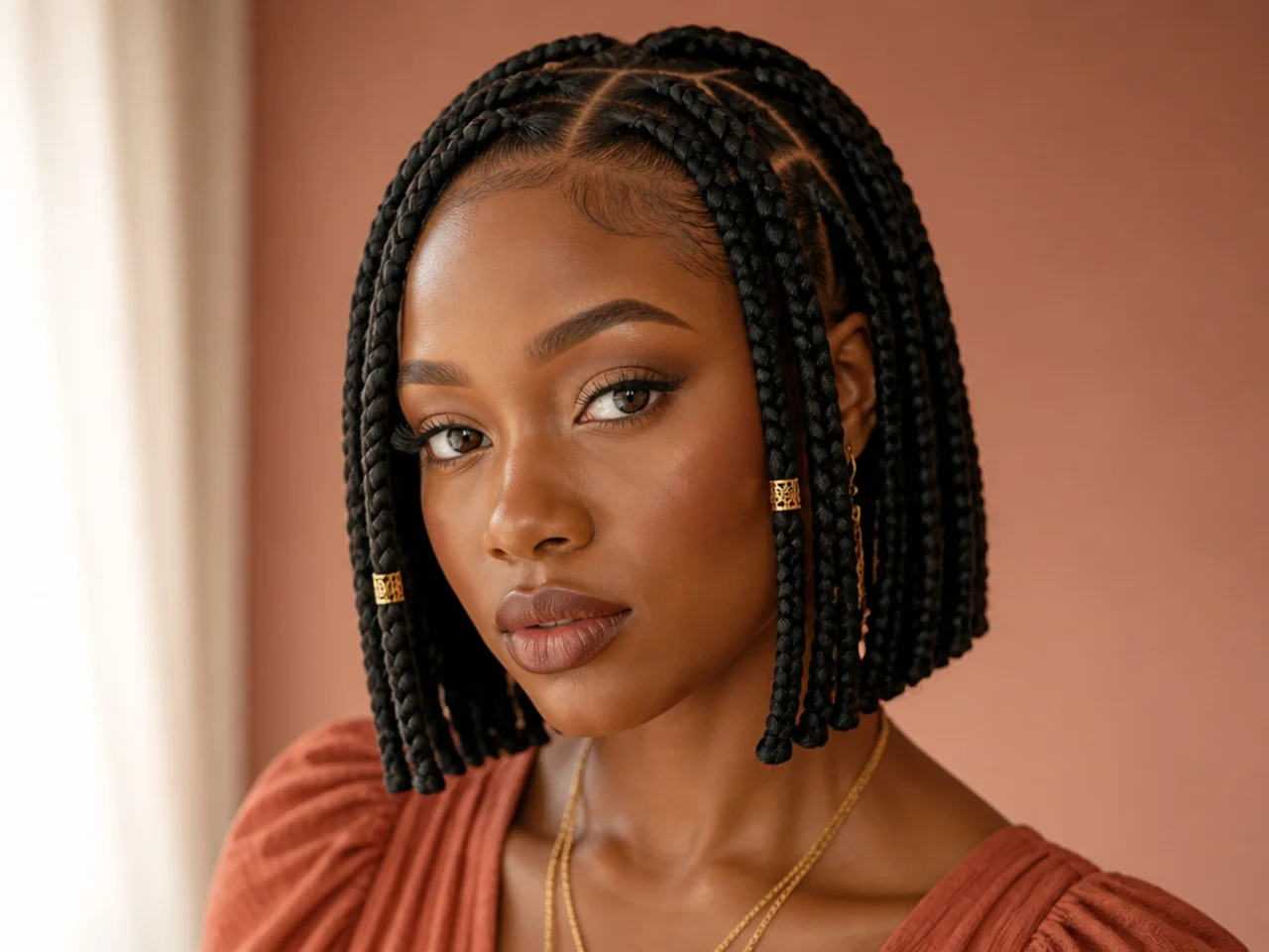 Jumbo Fulani braids cut into a blunt jaw-length bob