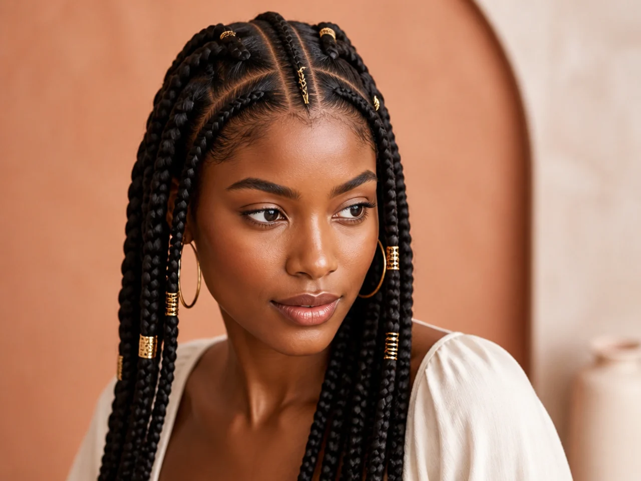 Jumbo Fulani braids with a third cornrow braided down the centre parting