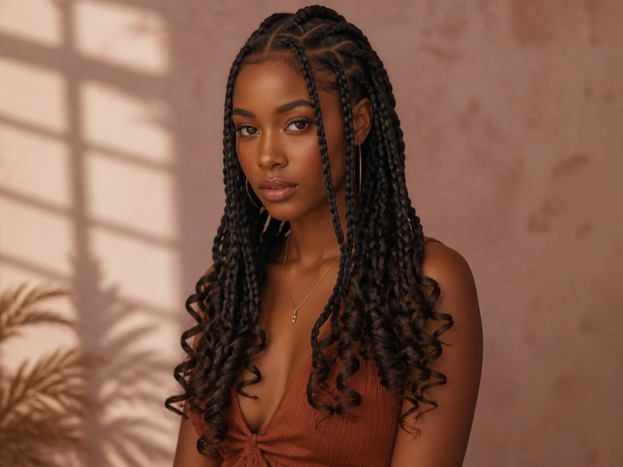 Jumbo Fulani braids finished with loose curled ends instead of sealed tips