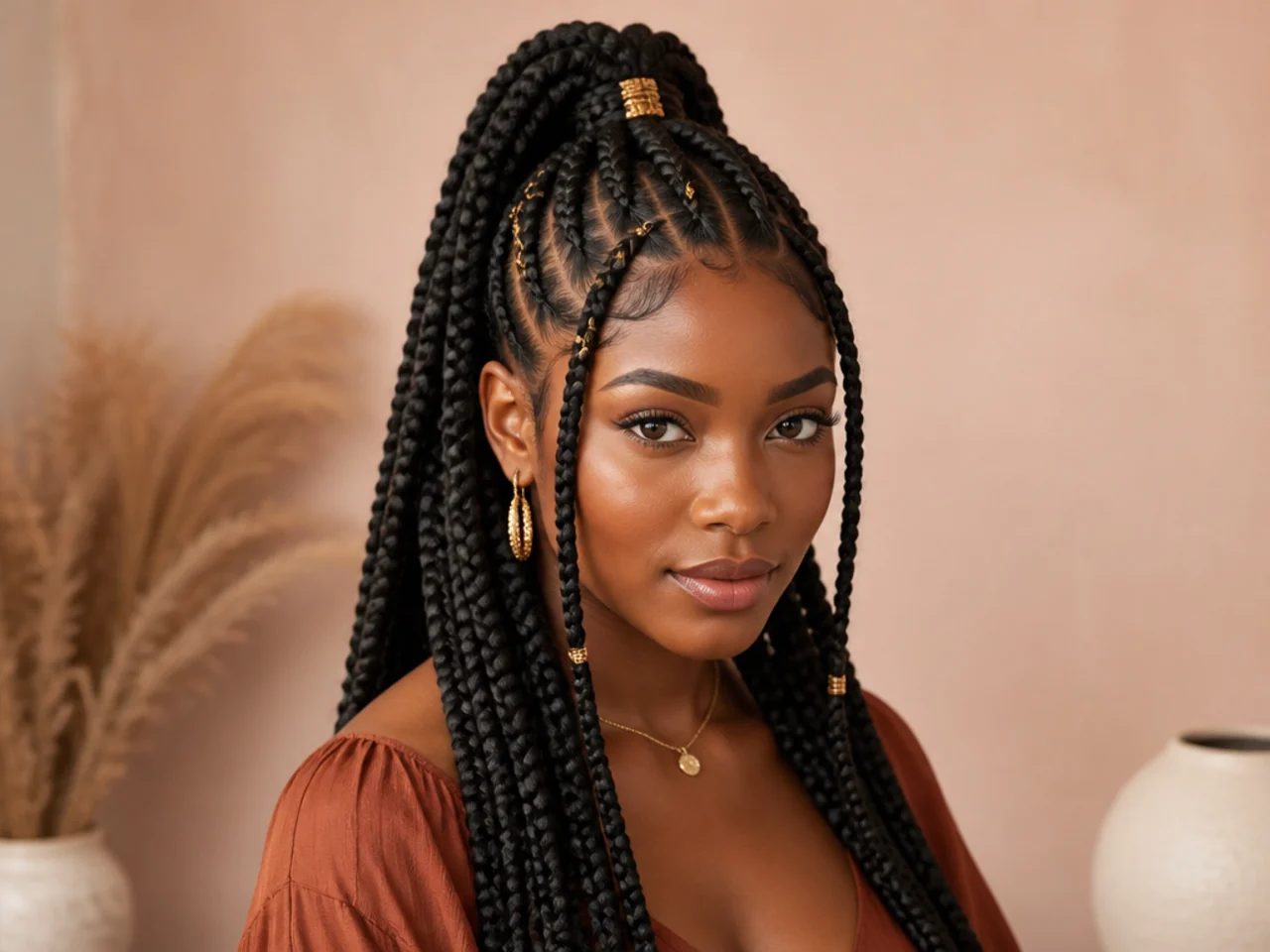 Jumbo Fulani braids worn half up with the thick loose braids gathered into a high ponytail