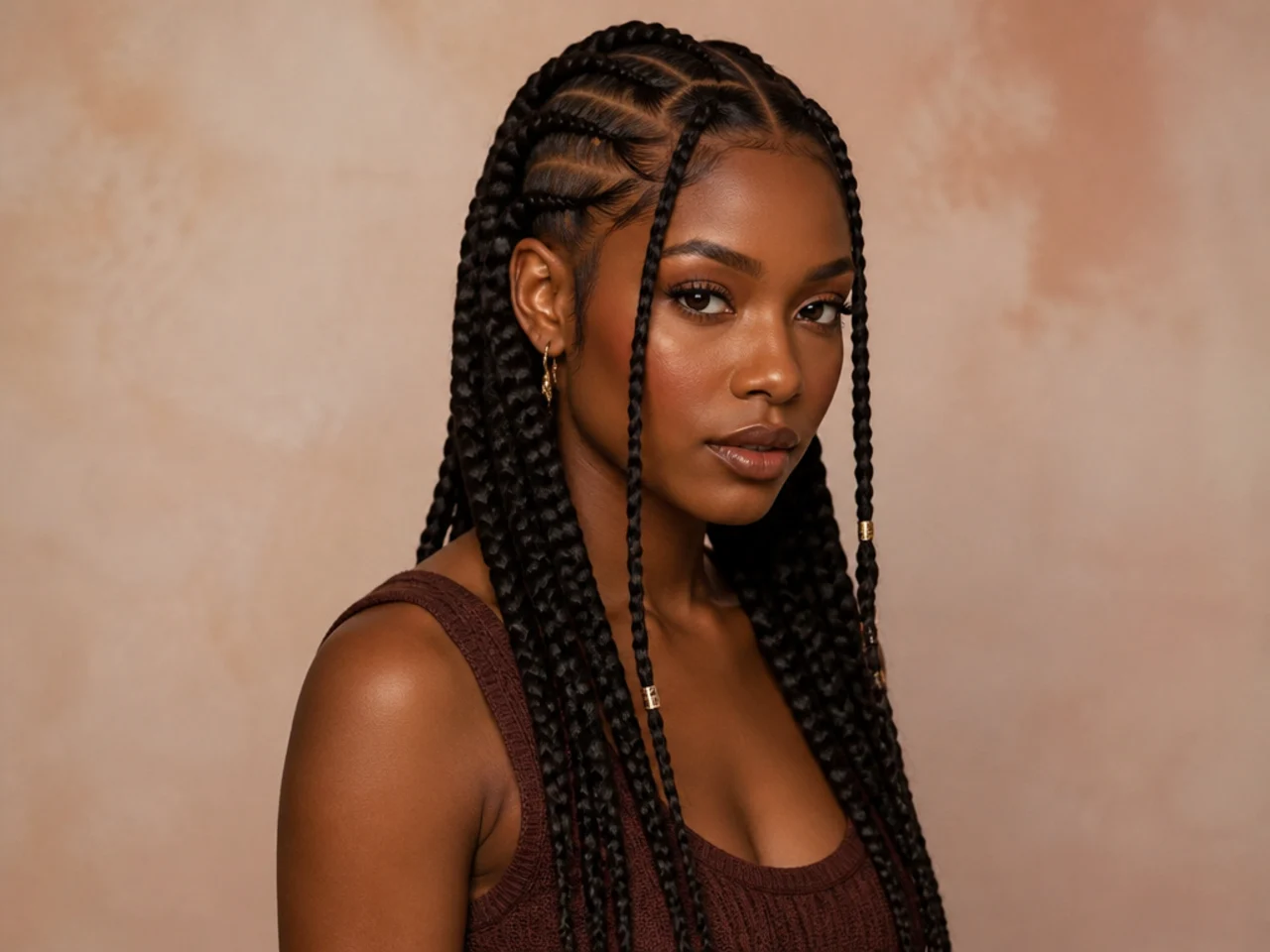 Three-quarter view of finished jumbo Fulani braids showing parting, cornrows and braid ends