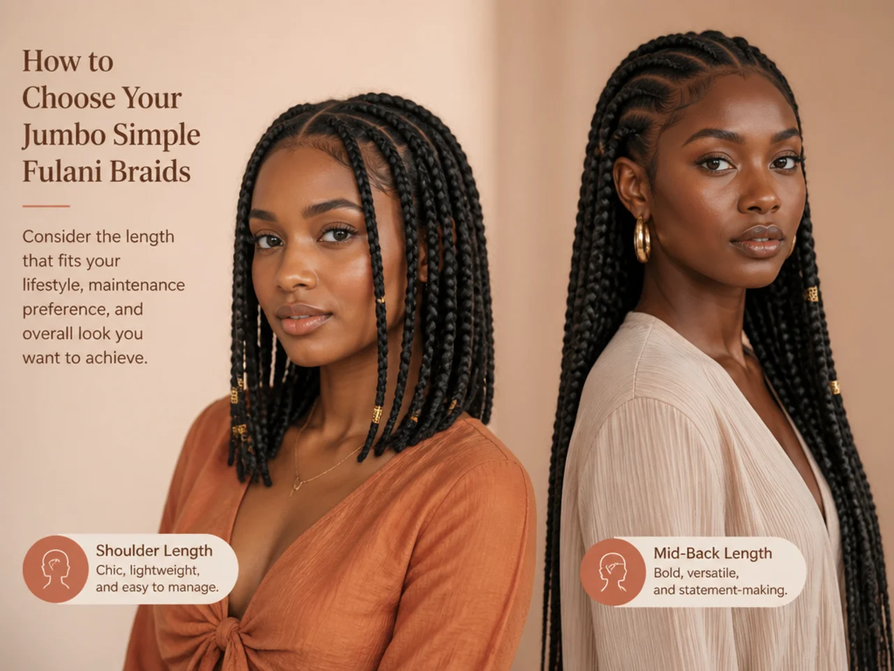 Two models wearing jumbo Fulani braids at shoulder length and mid-back length side by side