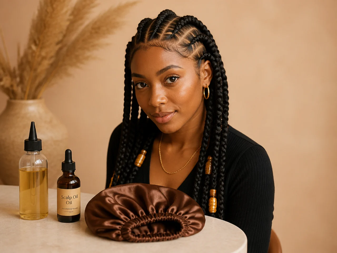 Applicator bottle, scalp oil and satin bonnet laid out for jumbo braid maintenance