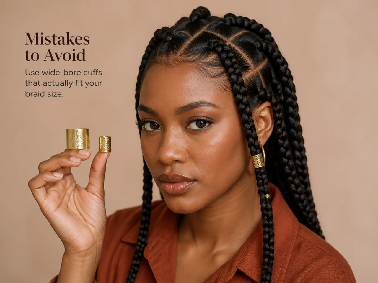 Wide-bore gold cuff next to a standard cuff showing the size difference needed for jumbo braids