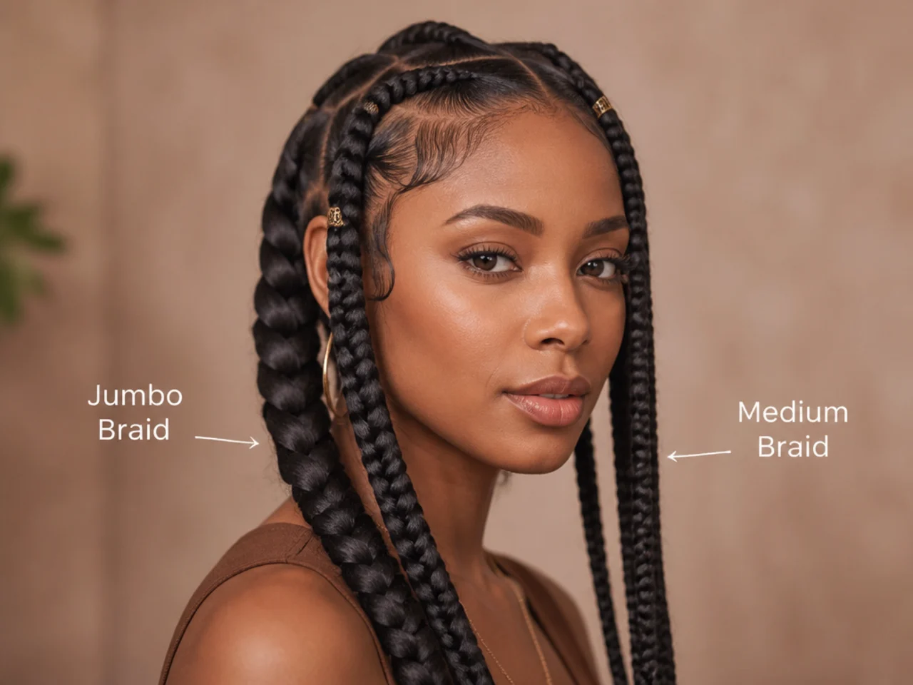 Close-up comparing a jumbo braid width against a standard medium braid on the same head