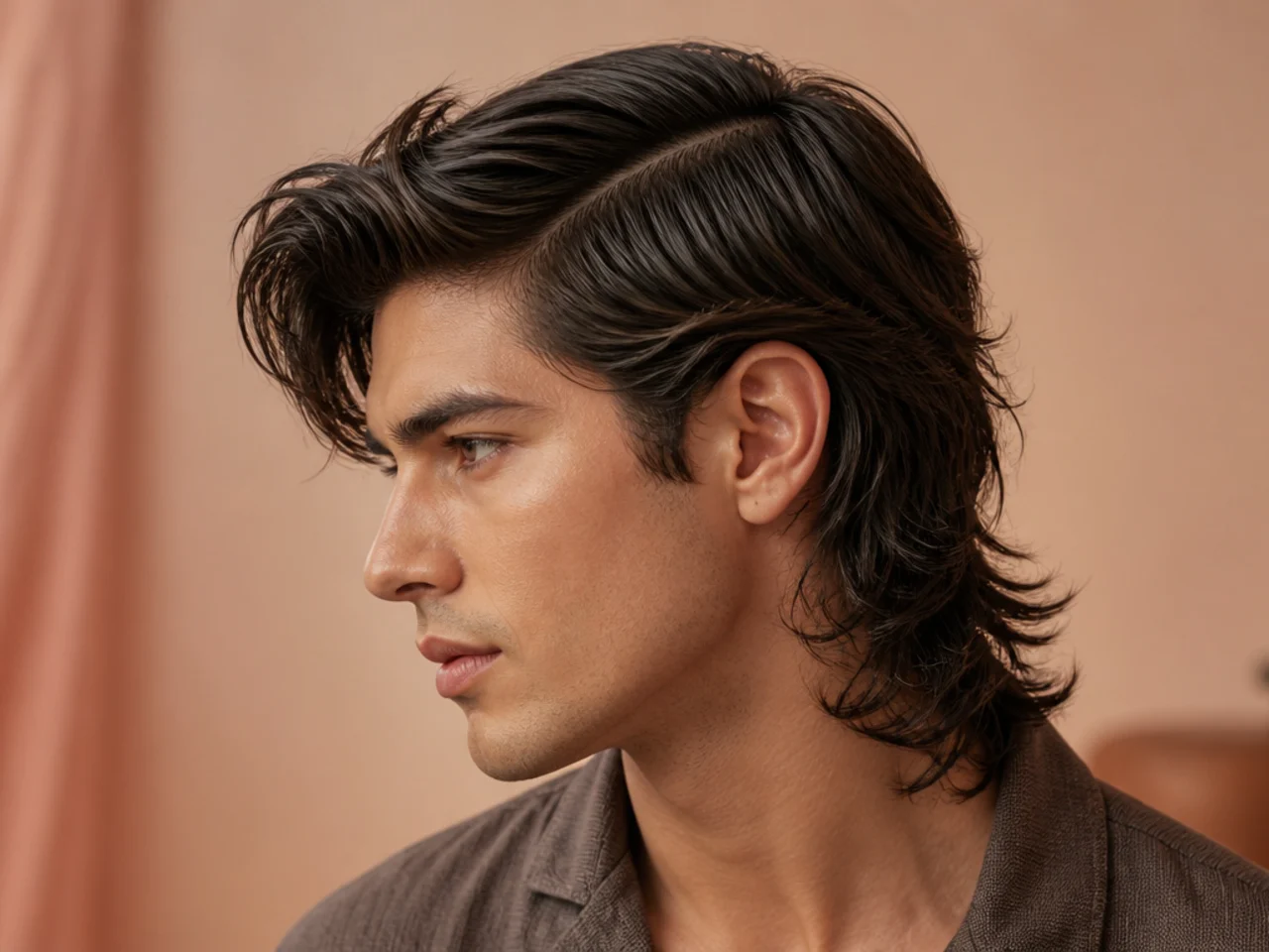A mullet with a deep side part