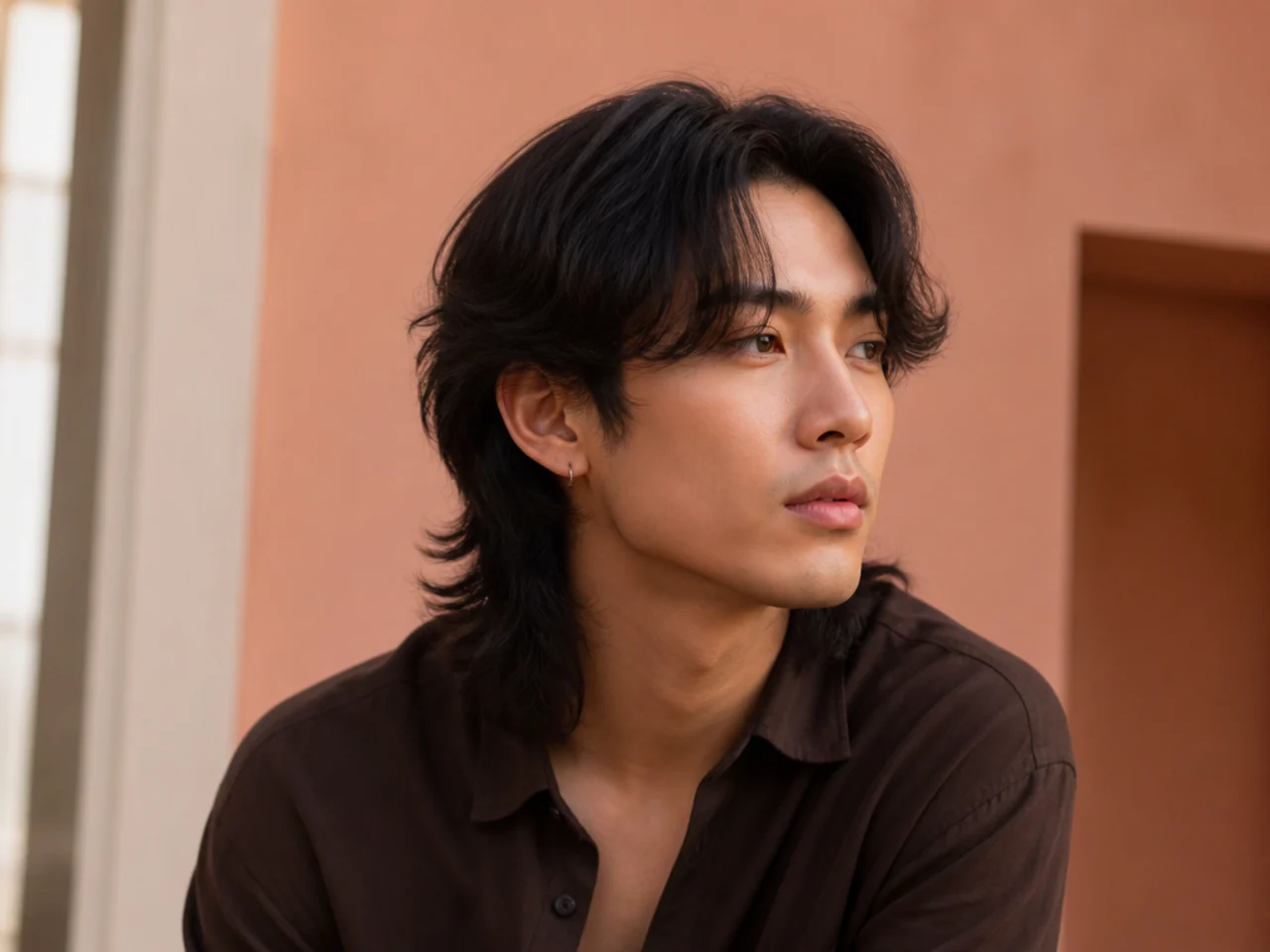 A mullet with curtain bangs parted at the centre