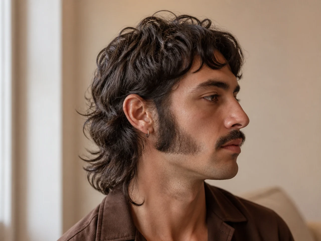 A mullet with long sideburns down the cheek