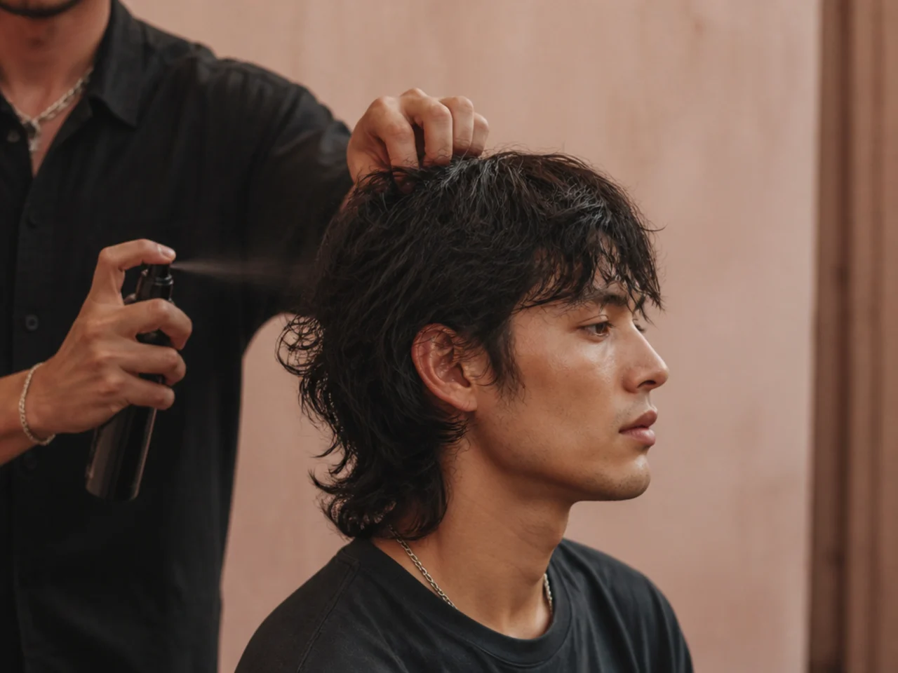 Texture spray being worked through a layered mullet