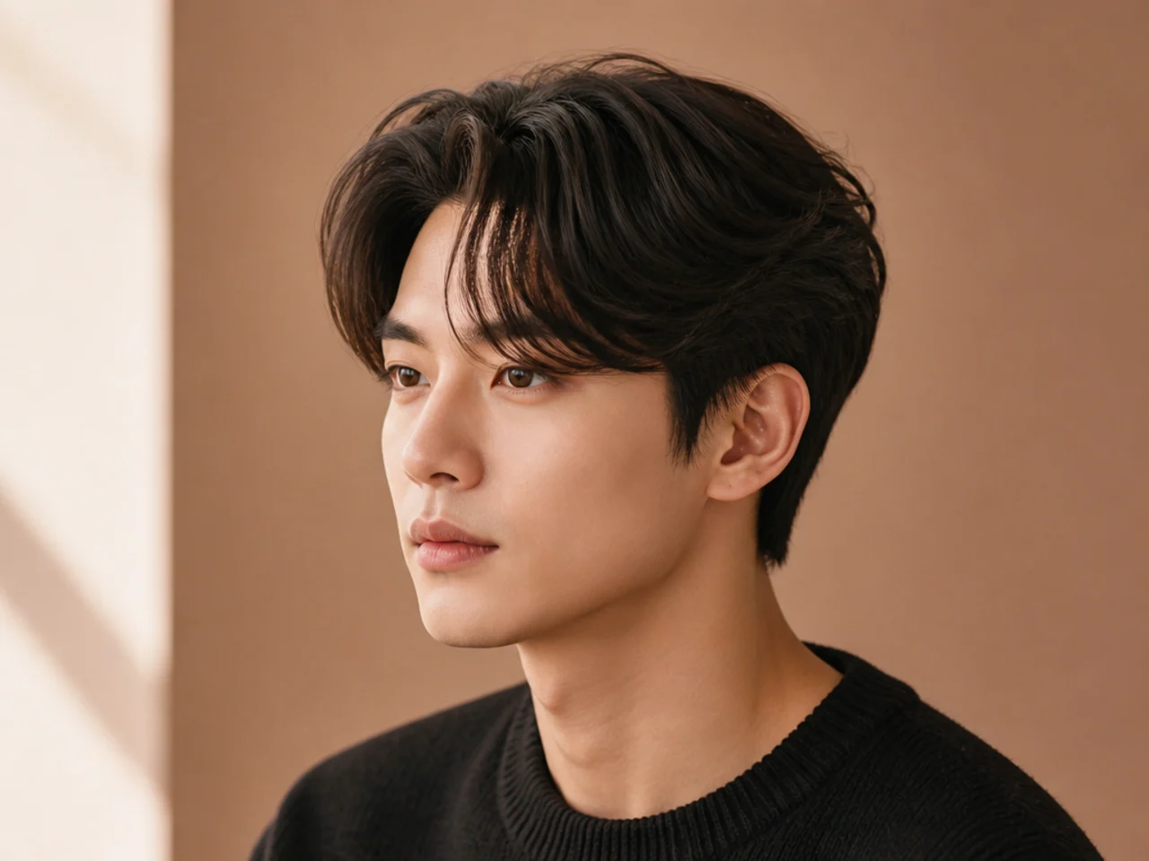 Blowout Korean curtain haircut with visible lift at the roots and fringe blown up and back before falling into two curtains
