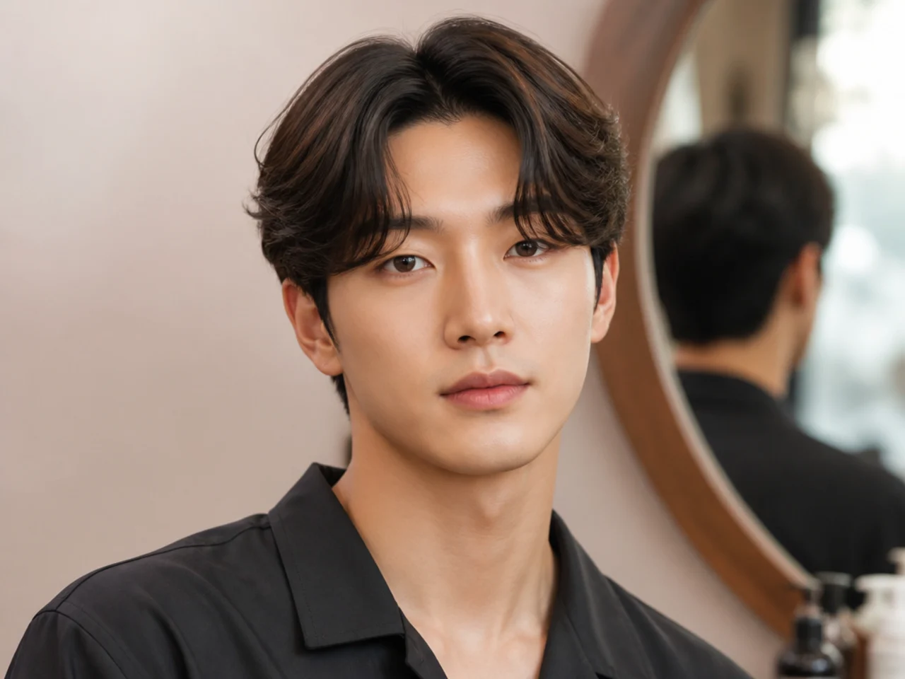 Classic Korean curtain haircut on a young Korean man with straight black hair parted down the middle and feathered scissor-tapered sides