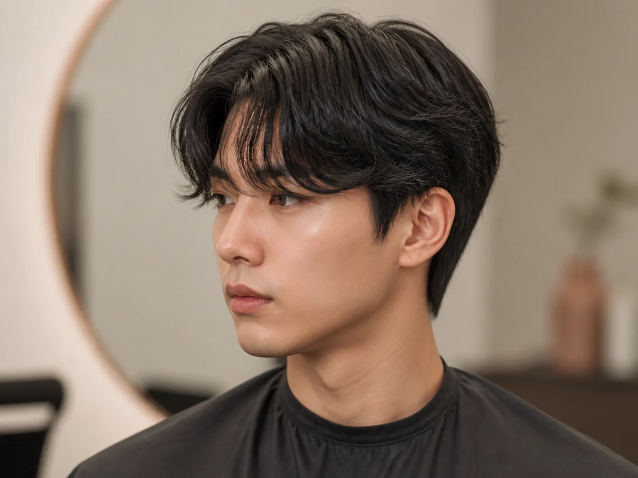 Korean curtain haircut with hooked comma-shaped fringe pieces framing the forehead in two curved sweeps