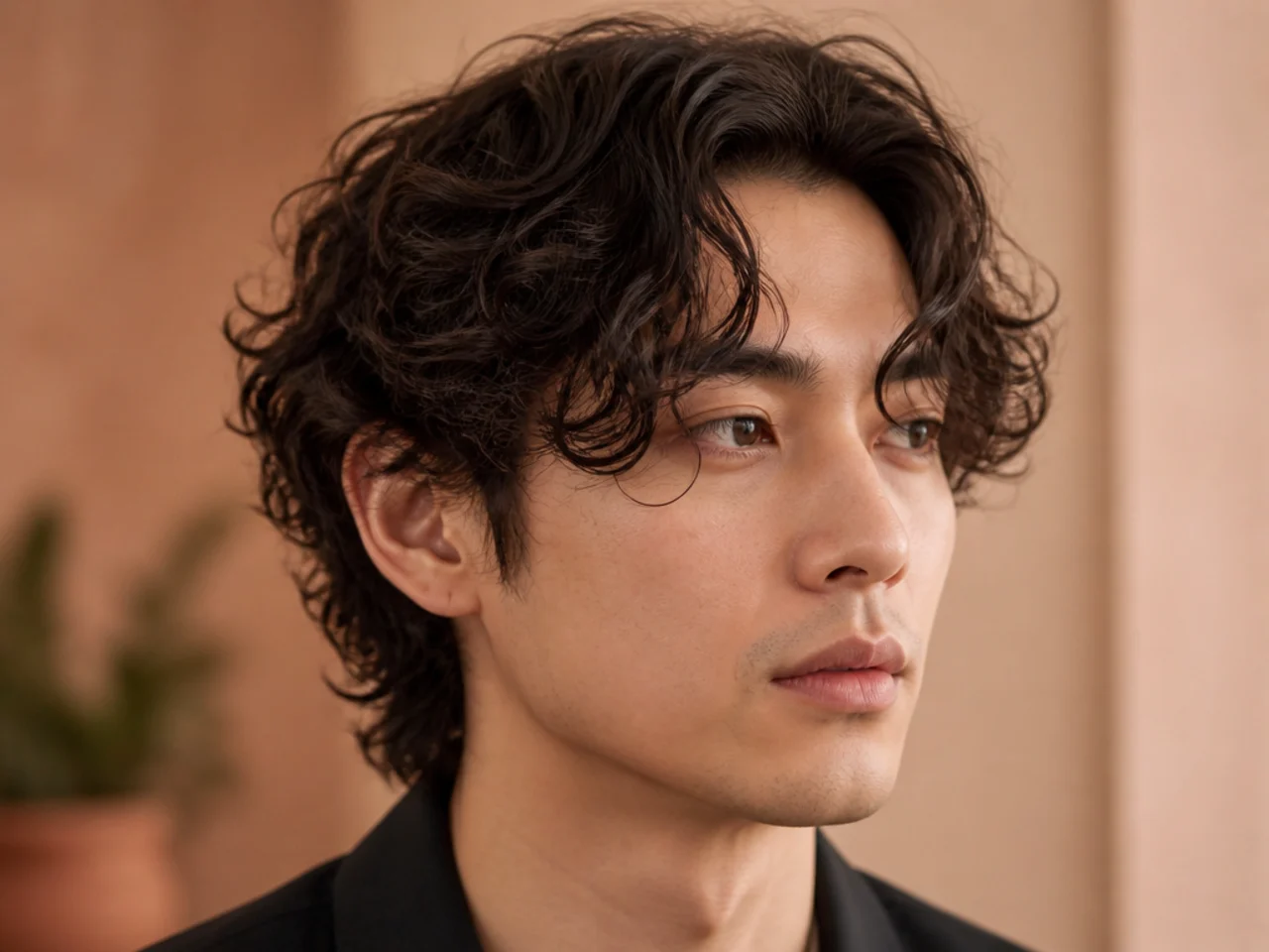 Curly Korean curtain haircut on a man with 3A curls cut dry so springs fall into two soft curtains from a center part