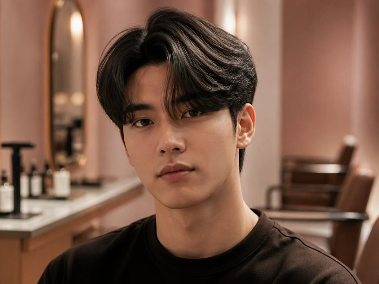 Deep-center Korean curtain haircut with a heavy defined middle part and two thick curtains framing the face