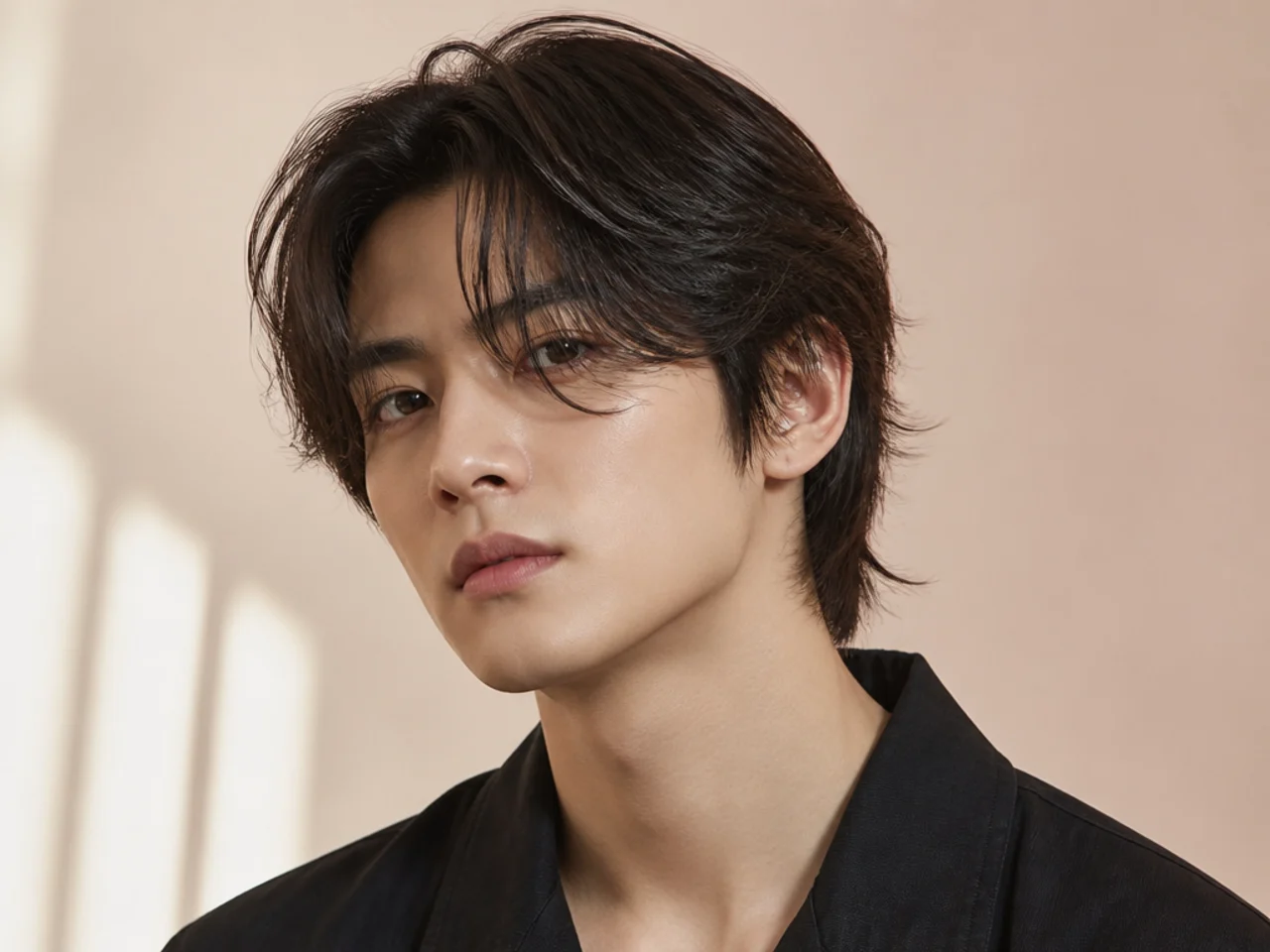 Heavily feathered Korean curtain haircut with wispy point-cut ends falling into two soft curtains at the fringe
