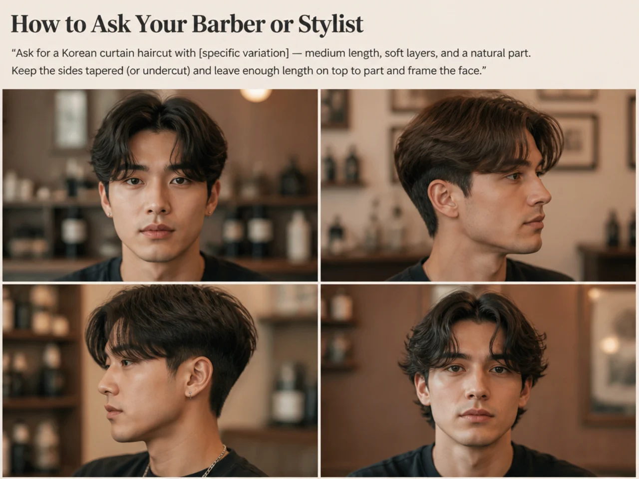 Client showing a phone reference photo of a Korean curtain haircut to a stylist in a modern salon