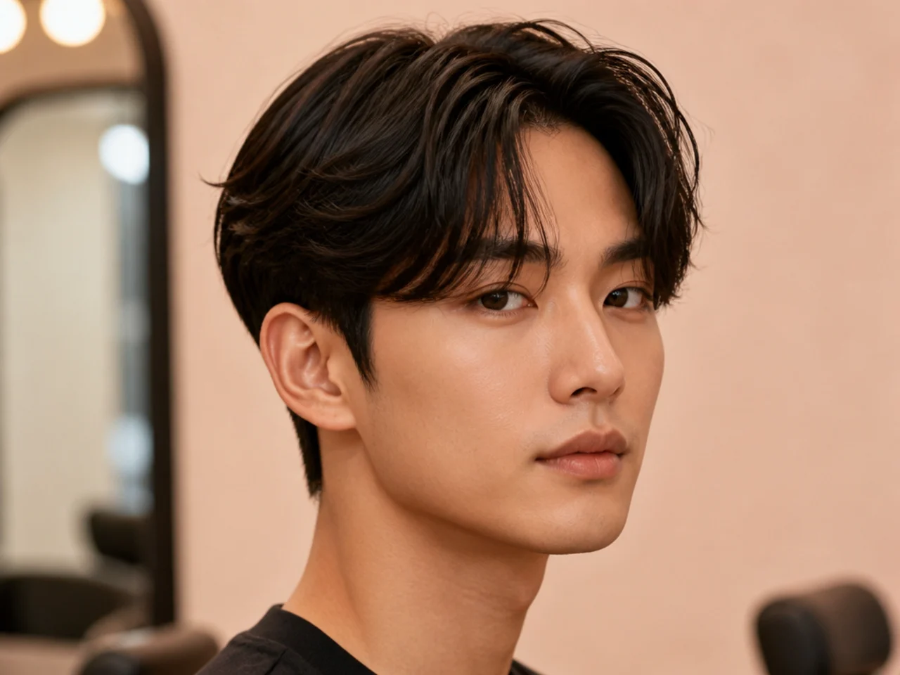K-drama lead style Korean curtain haircut with soft romantic drape and a fuller feathered fringe falling to the cheek