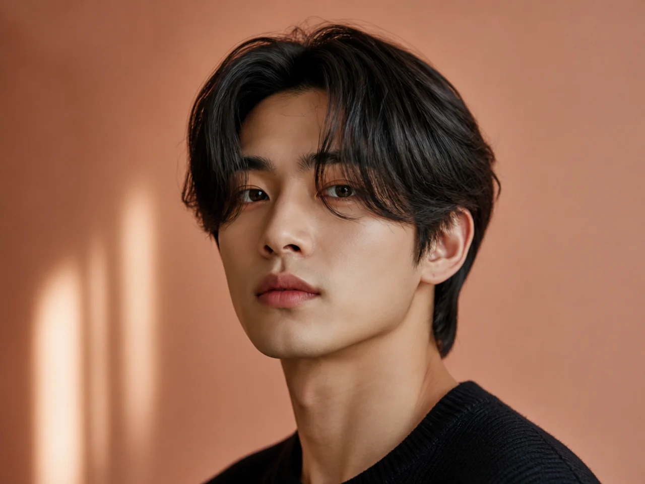 K-pop idol styled Korean curtain haircut with sharper angled fringe and bleached blond tips on a young Korean man