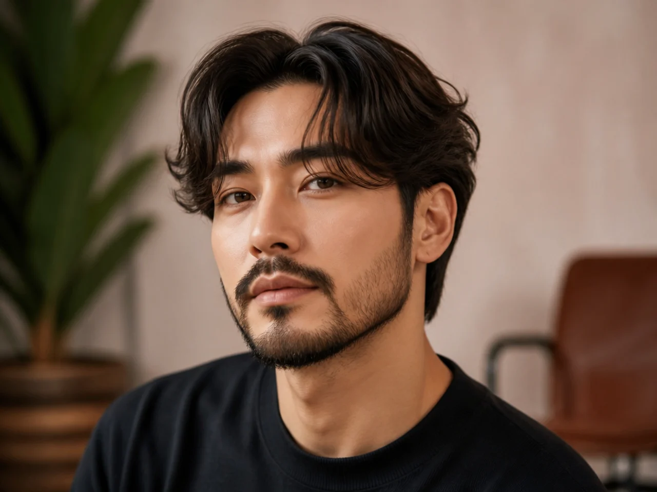 Korean curtain haircut paired with a short faded beard framing the jaw of an Asian man in his late twenties