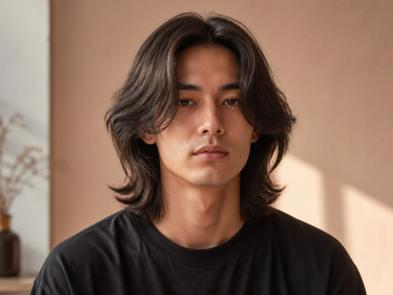 Long flow Korean curtain haircut with hair around six inches on top parted center and cascading past the cheekbones
