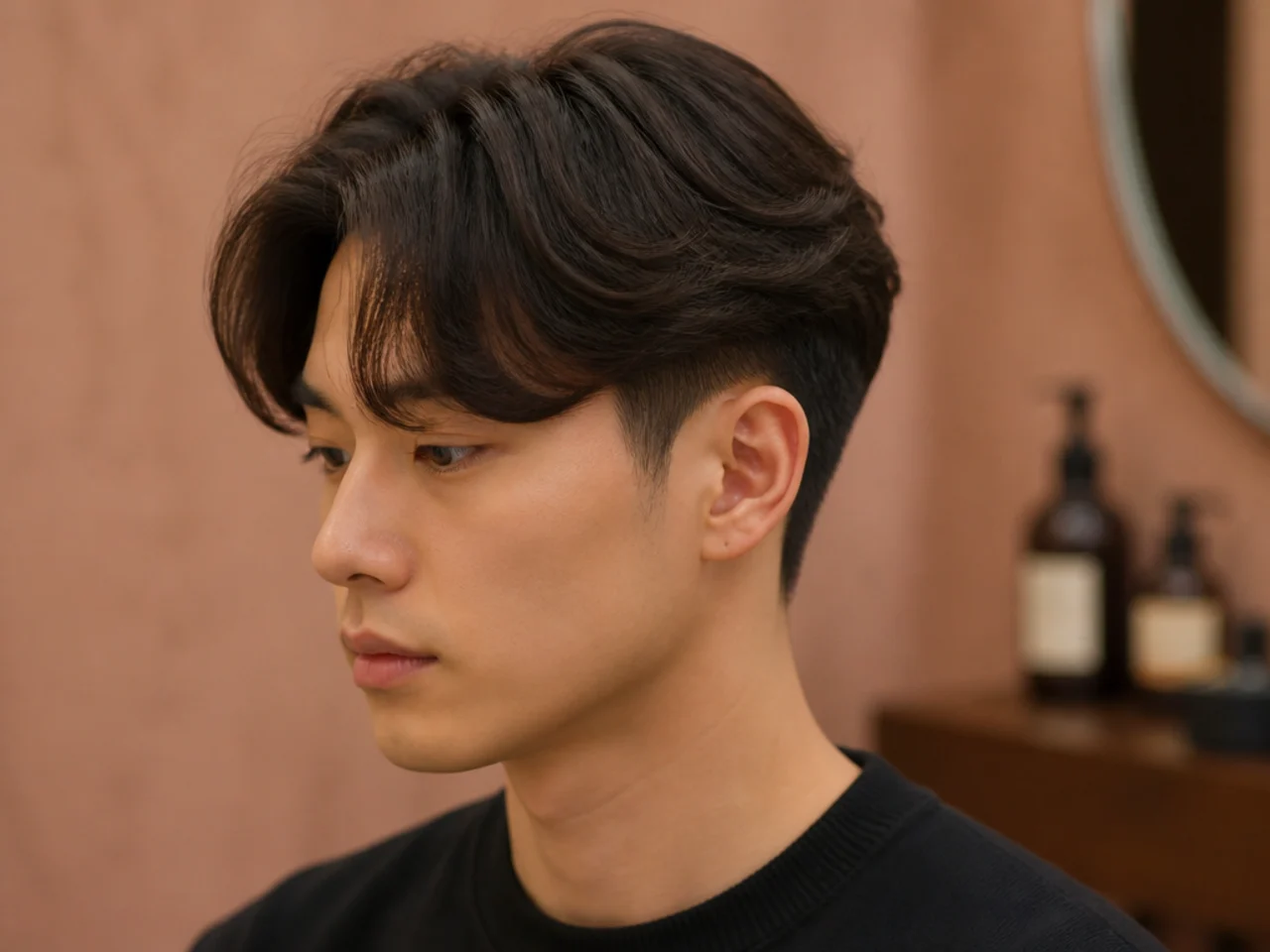 Korean curtain haircut with a low taper fade blending from a three-guard down to skin at the sideburn