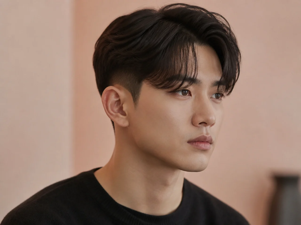Korean curtain haircut with a mid fade starting at the temple showing high contrast between the top and the skin at the sides